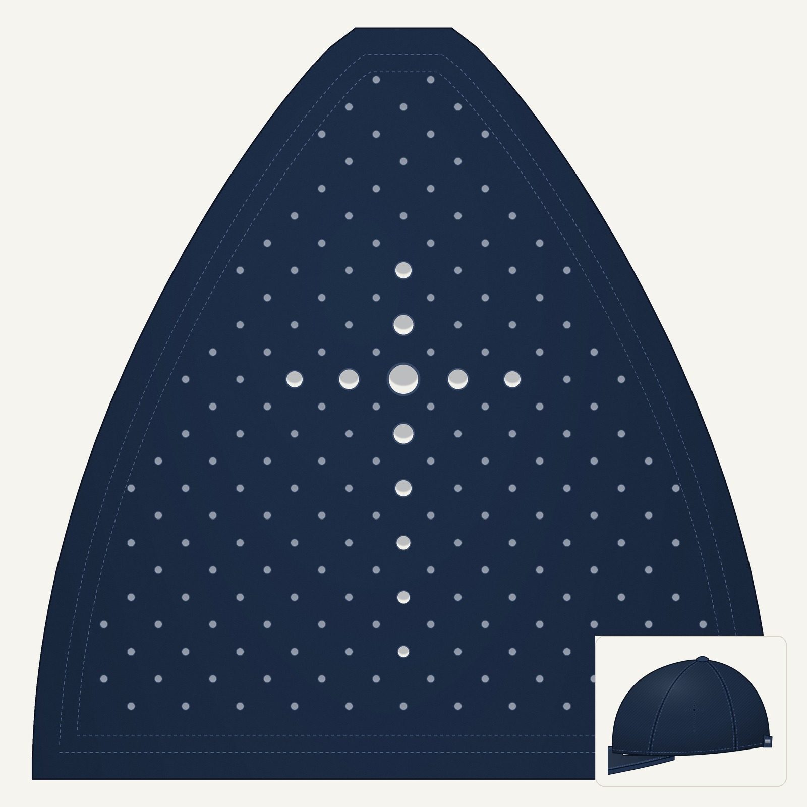 Twelve holes forming a cross on navy cap fabric