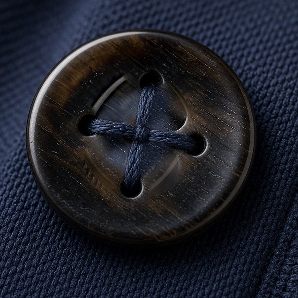 Three horn buttons on a navy placket