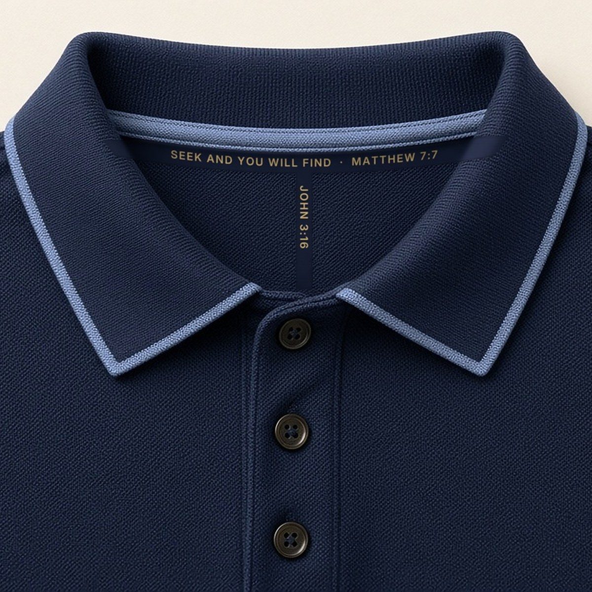 Light-navy piping on the collar, with the tape cross inside the back of the neck